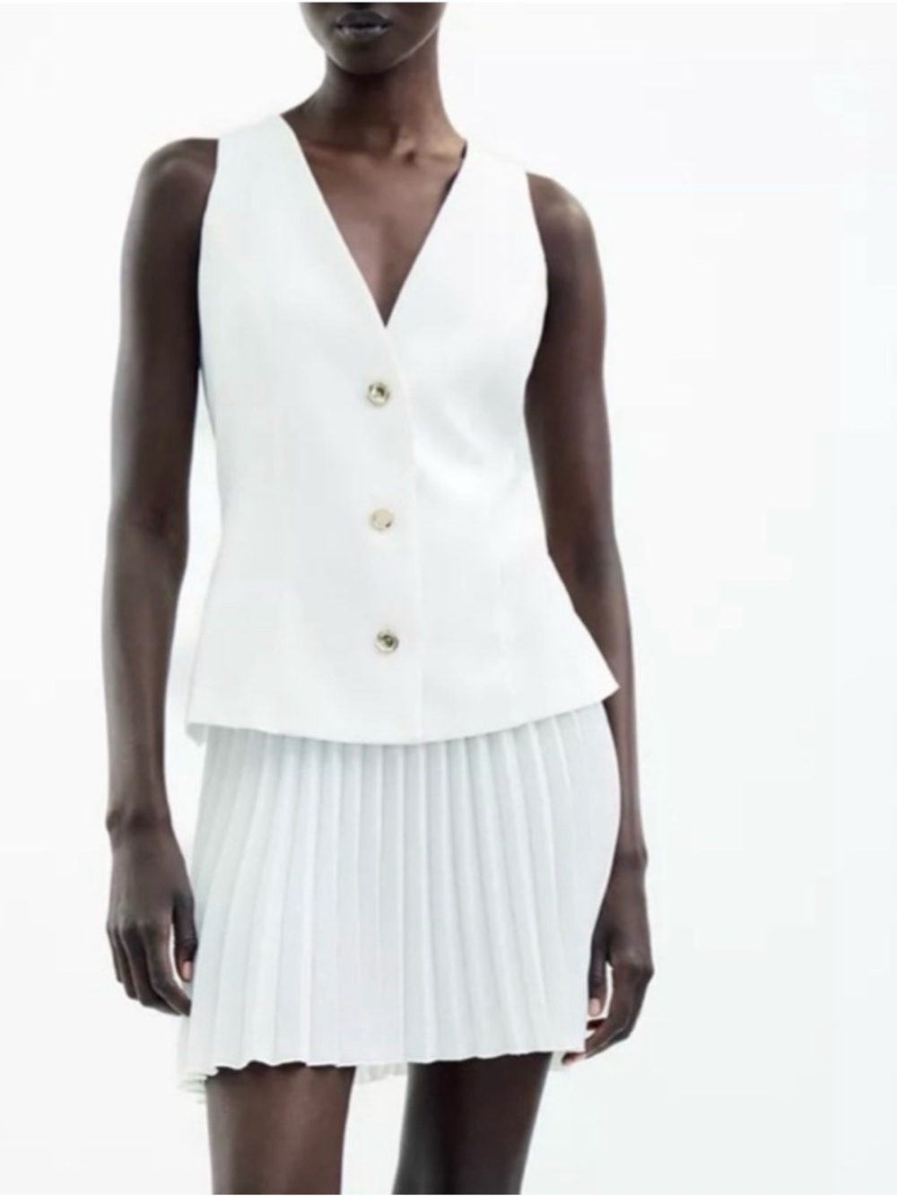 Zara White Sleeveless V-Neck Buttoned Vest & Pleated Skirt Set